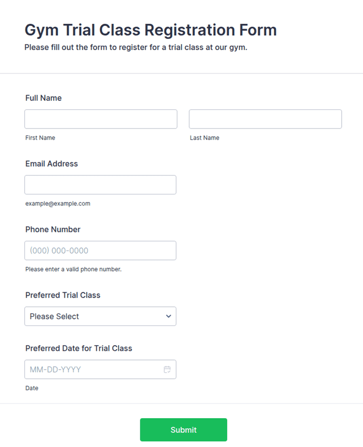 Gym Trial Class Registration Form