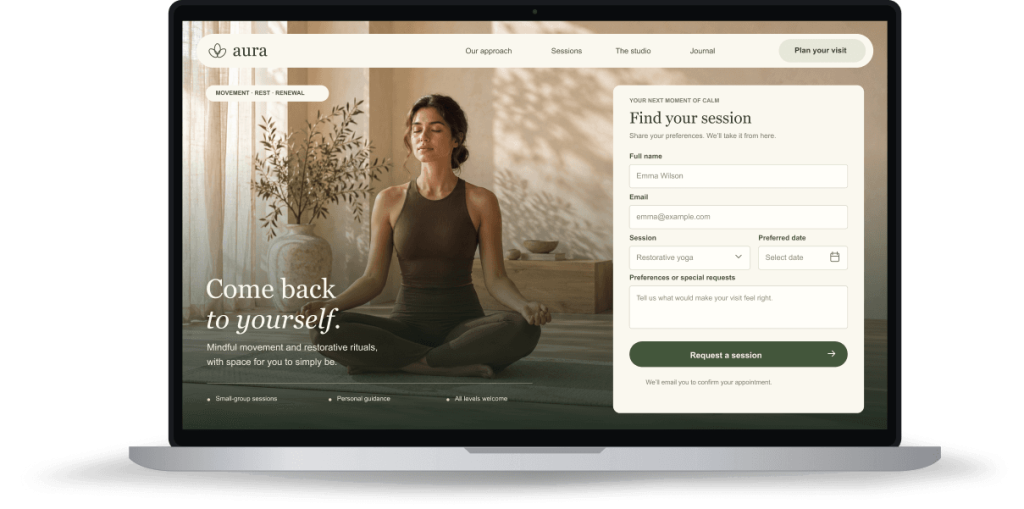 Laptop showing a wellness studio site with a session request form
