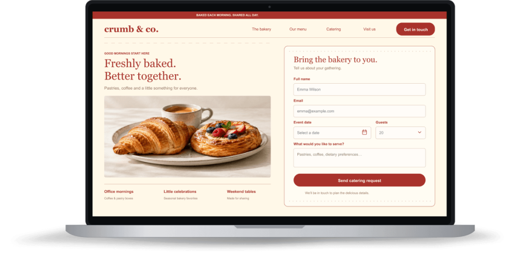 Laptop showing a bakery website with a catering request form
