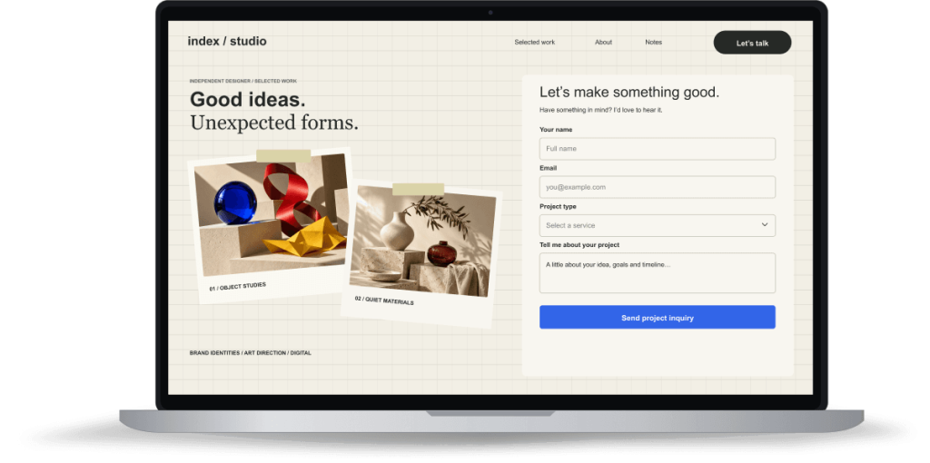 Laptop showing a creative portfolio with a project inquiry form