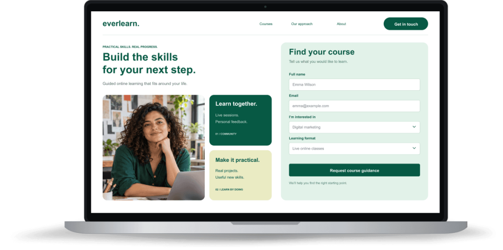 Laptop showing an education website with a course inquiry form