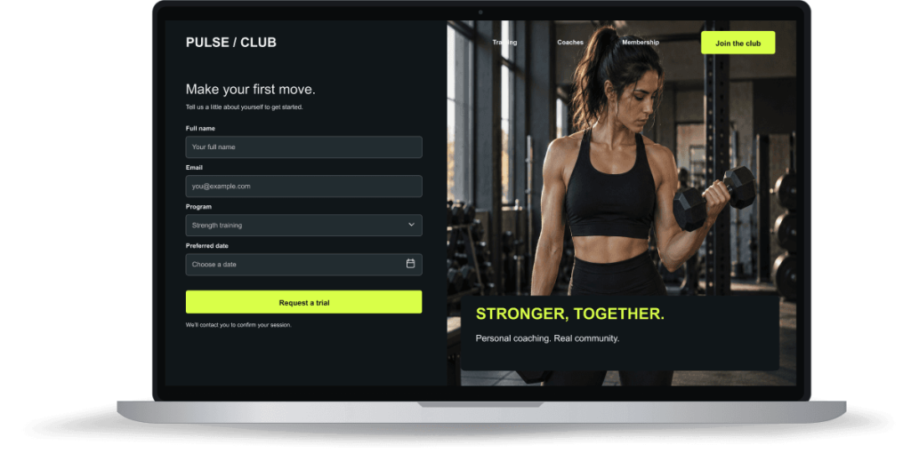 Laptop showing a gym website with a membership inquiry form