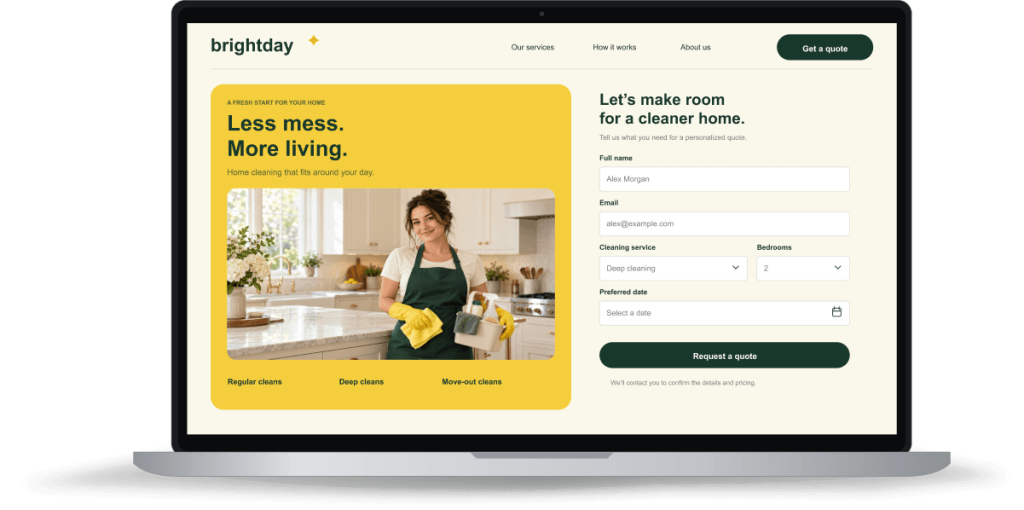 Laptop showing a home services site with a quote request form