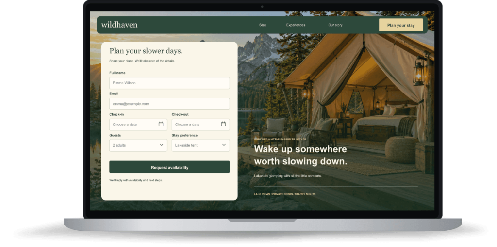 Laptop showing a hotel website with a reservation inquiry form