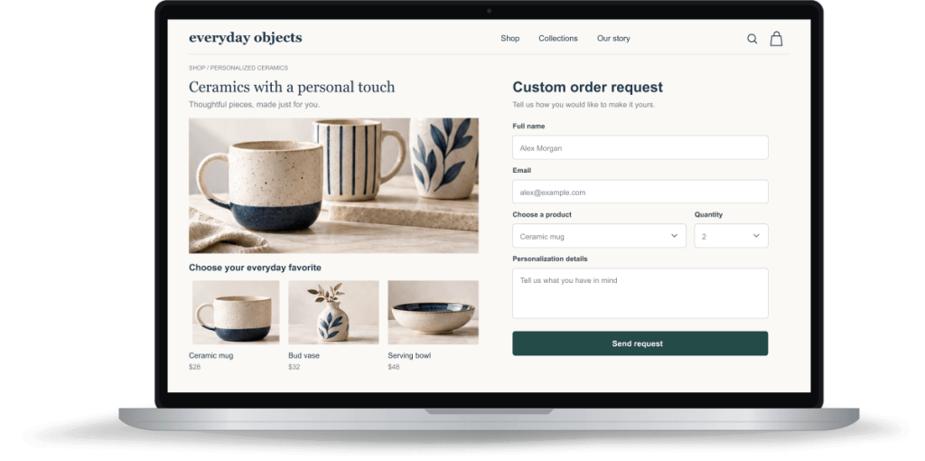 Laptop showing an online store with a custom order request form