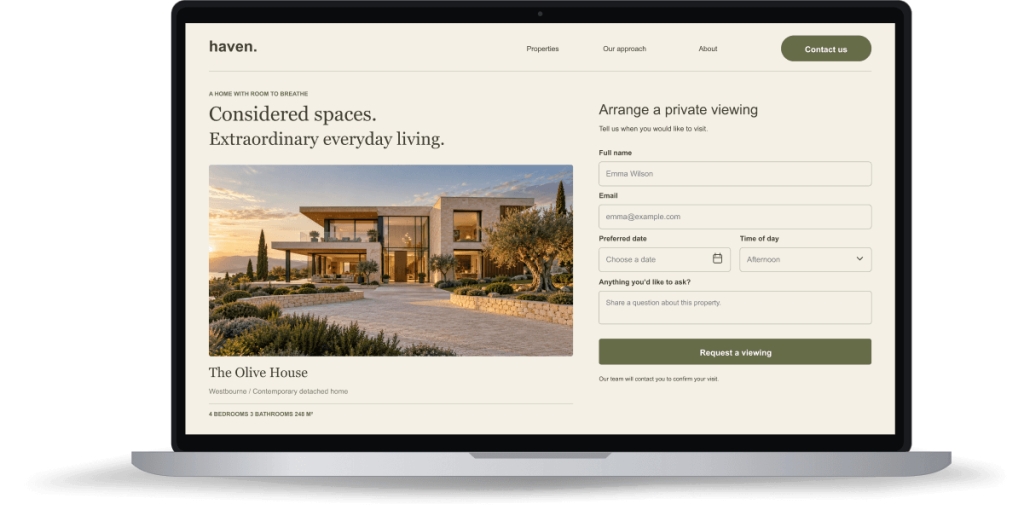 Laptop showing a real estate listing with a viewing request form