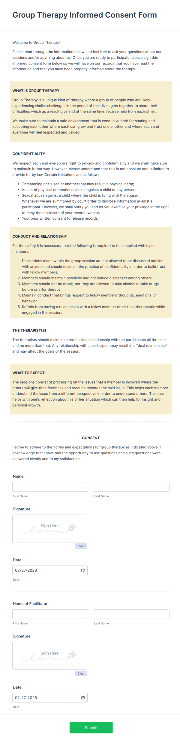 Group Therapy Informed Consent Form