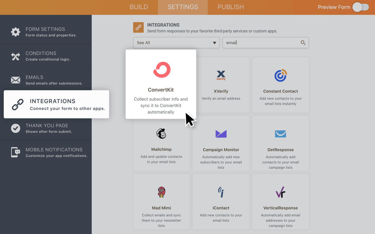 Jotform ConvertKit Integration Emailing Integrations