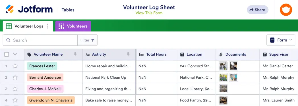 Volunteer Log Sheet Template
