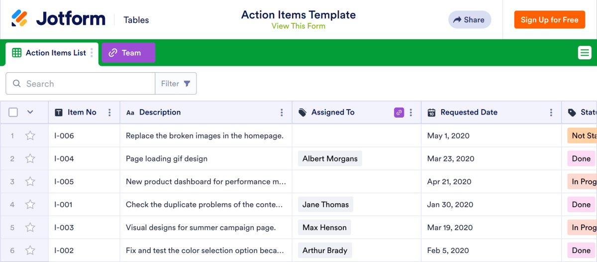 Action Items Template Spreadsheet Template | Jotform