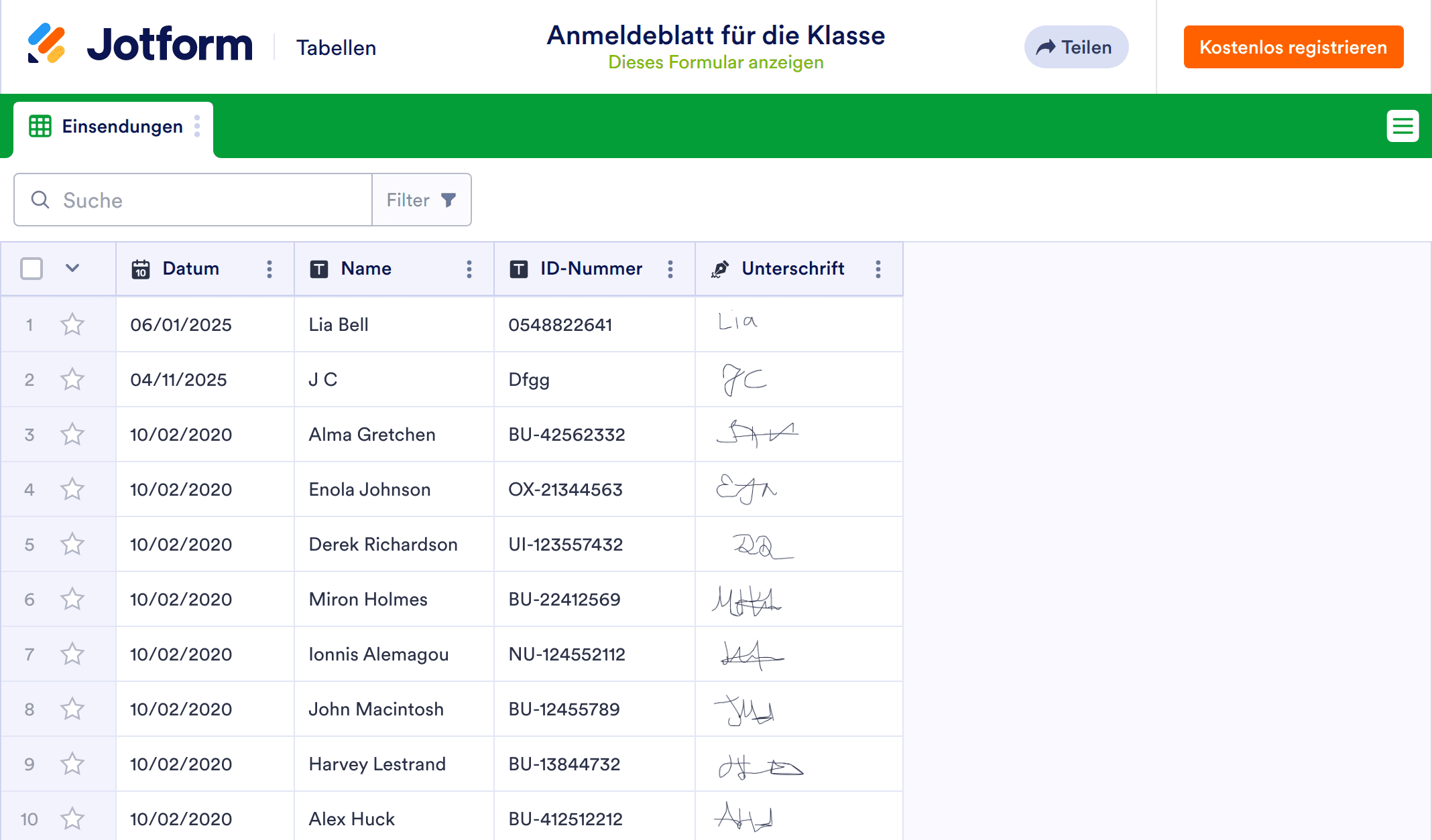 Anmeldeblatt für die Klasse Template