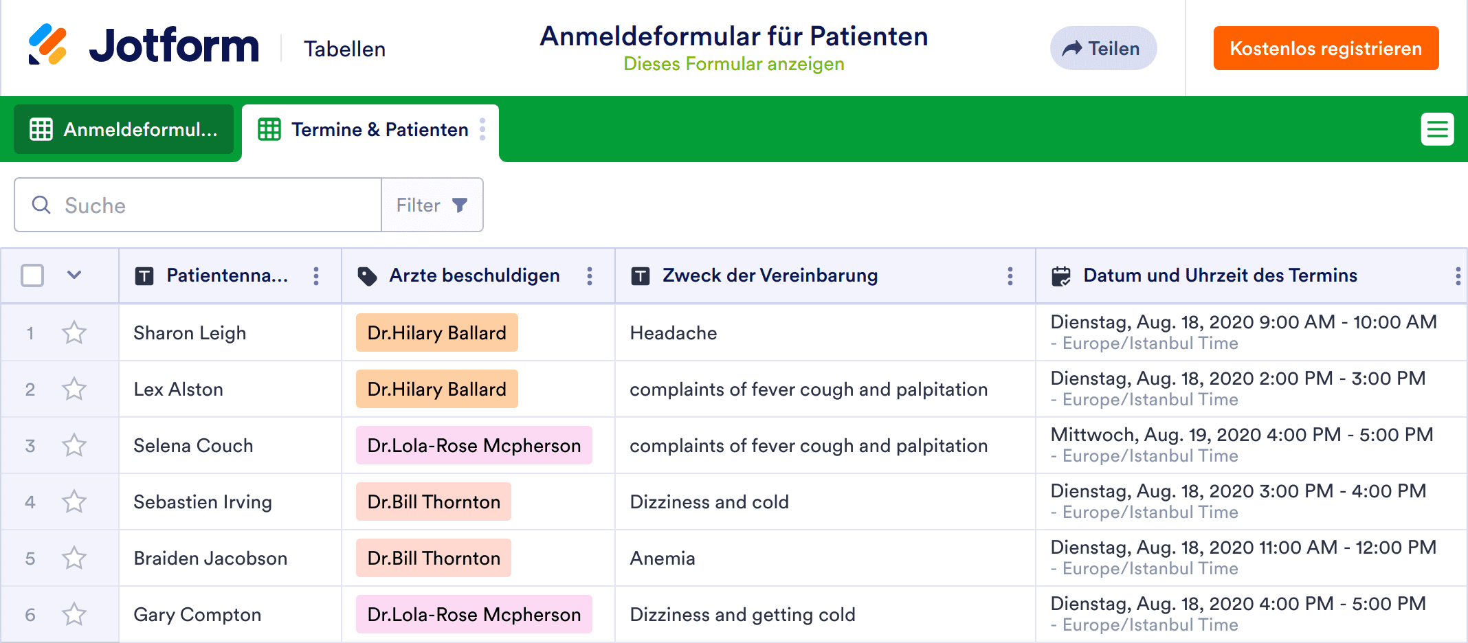 Anmeldeformular für Patienten Template