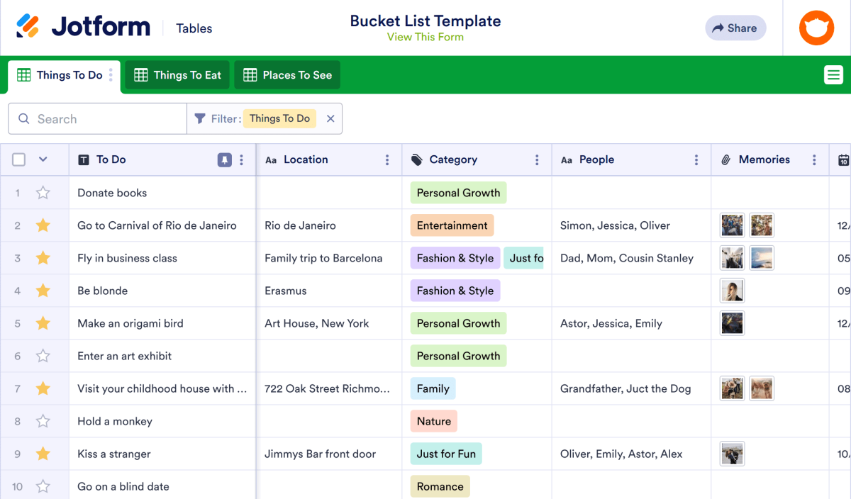bucket list template | jotform tables