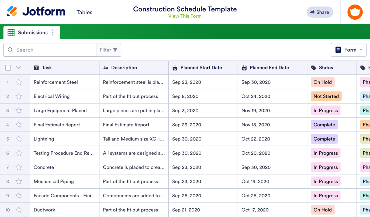 Construction Schedule Template | Jotform Tables