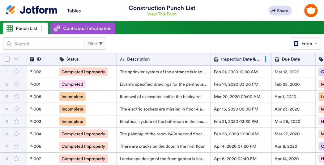 Construction Punch List Template