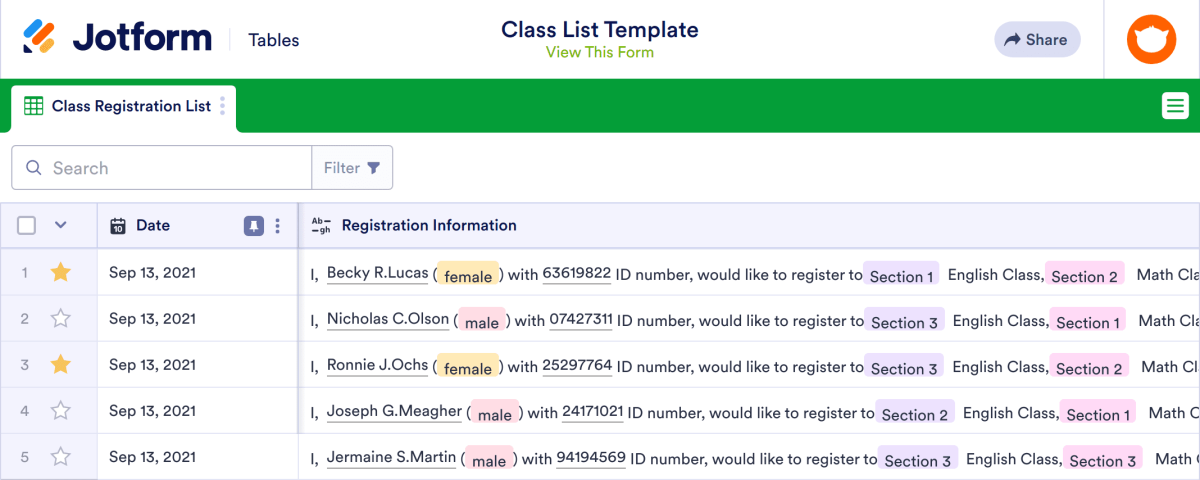 Class List Template Spreadsheet Template | Jotform