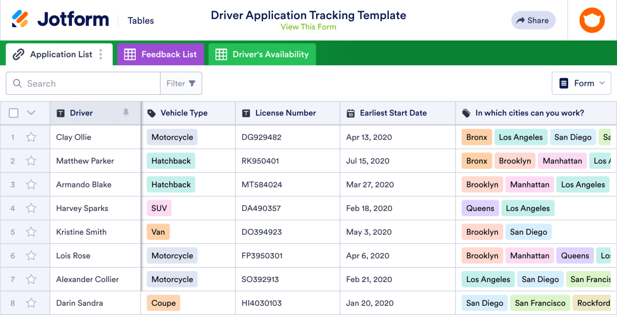 Driver Application Tracking Template | Jotform Tables