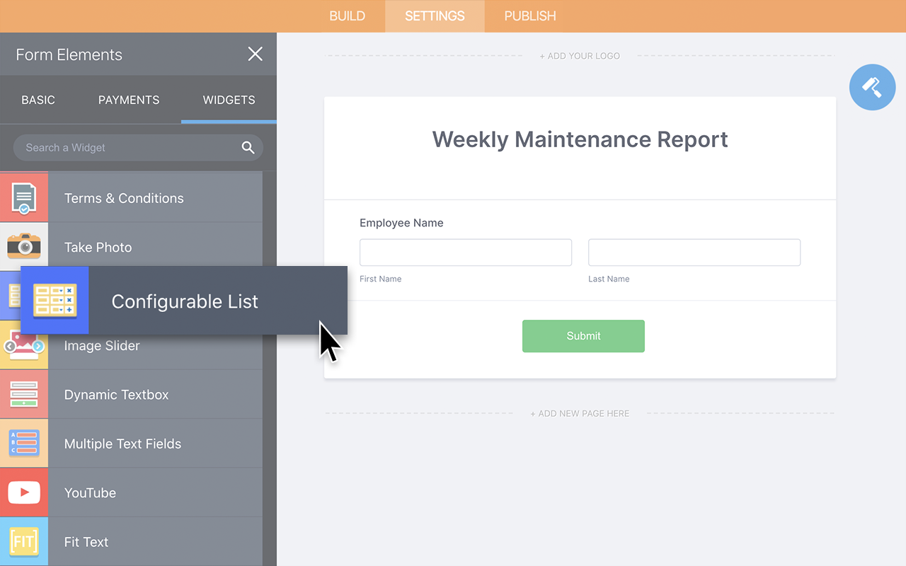 Configurable list form widgets jotform