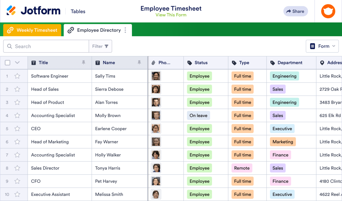 Employee Timesheet Template | Jotform Tables