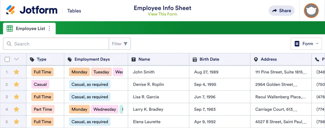 Employee Info Sheet Template