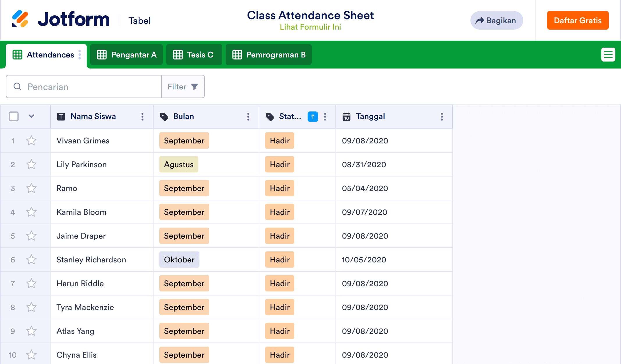 Lembar Kehadiran Kelas Template