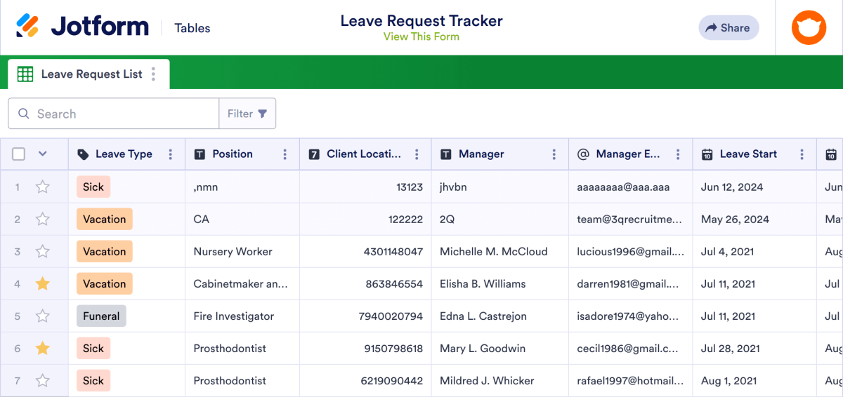 Leave Request Tracker Template | Jotform Tables