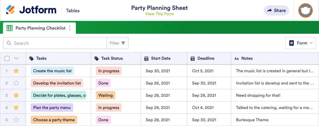 Party Planning Sheet Template