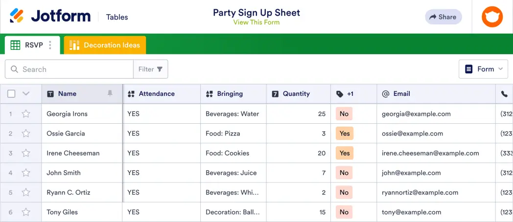 Party Sign Up Sheet Template