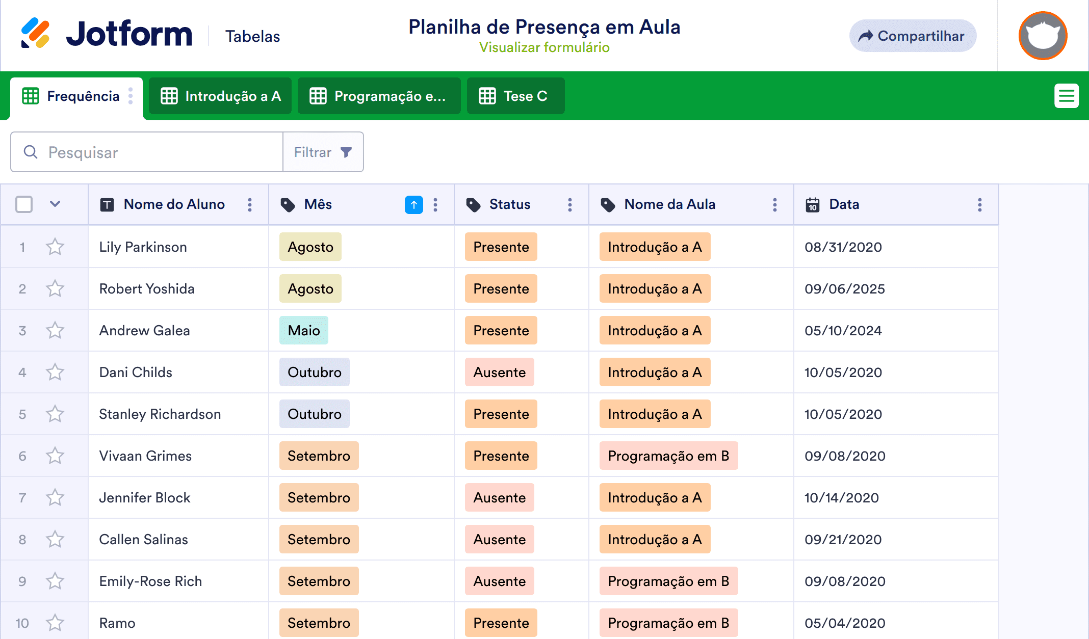 Planilha de Presença em Aula Template