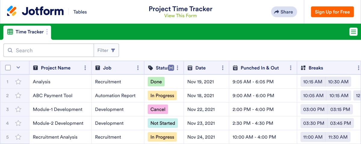 Project Time Tracker Spreadsheet Template | Jotform