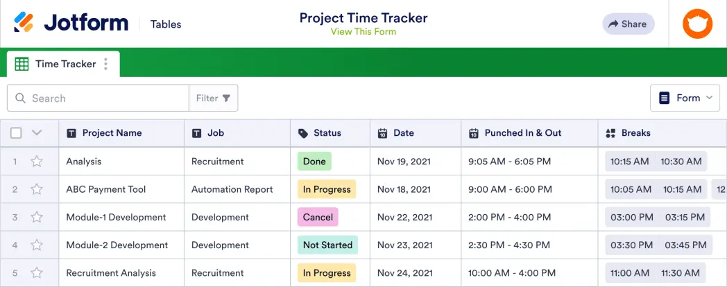 Project Time Tracker Template