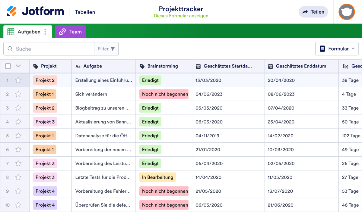 Projekttracker Tabellenvorlage | Jotform