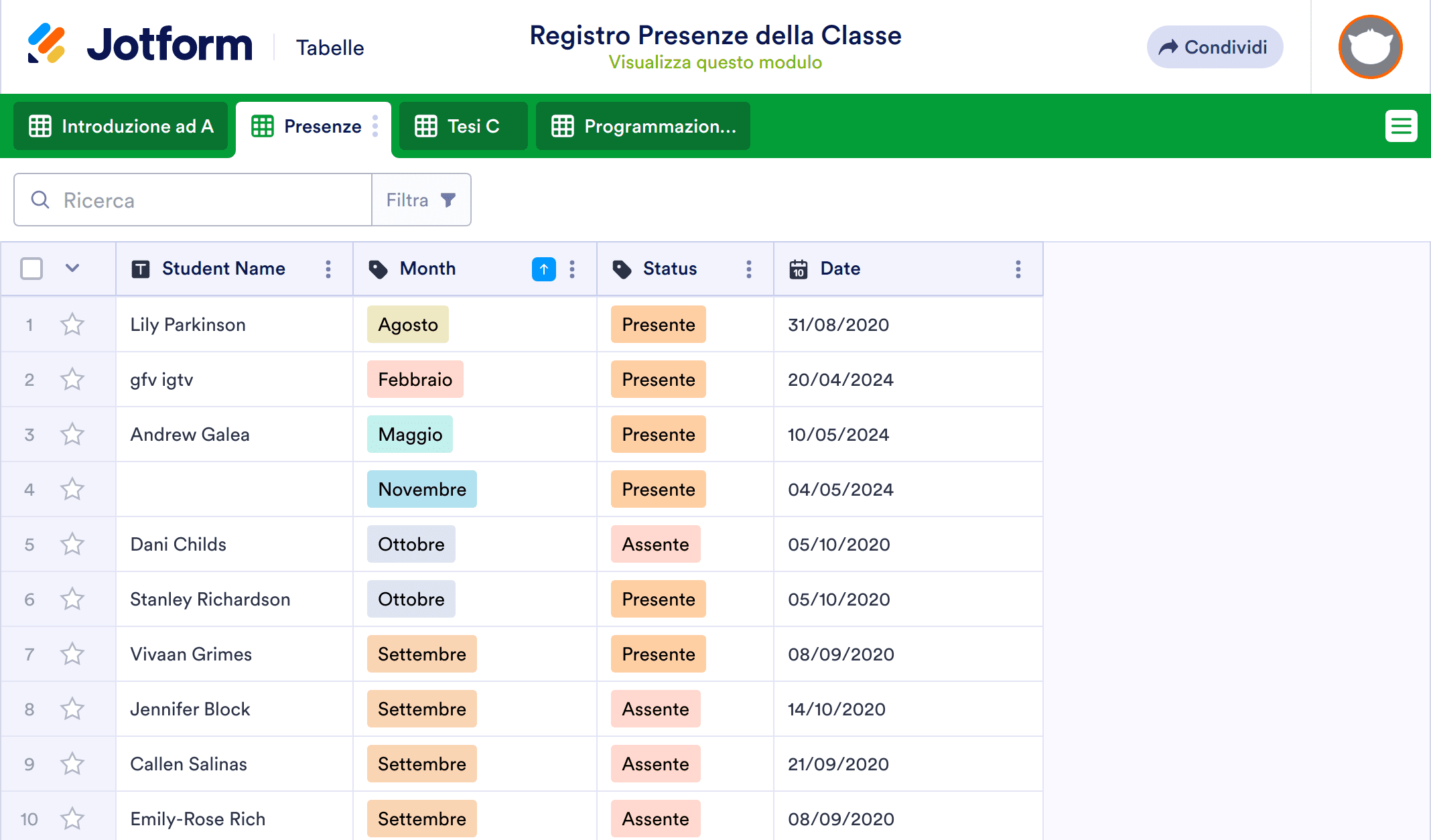 Registro Presenze della Classe Template
