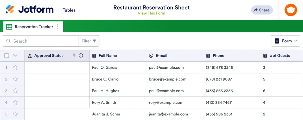Restaurant Reservation Sheet Template