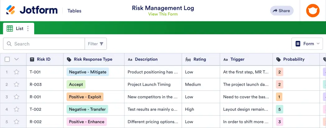 Risk Management Log Template