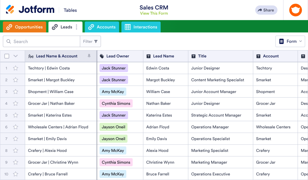 Sales CRM Template | Jotform Tables