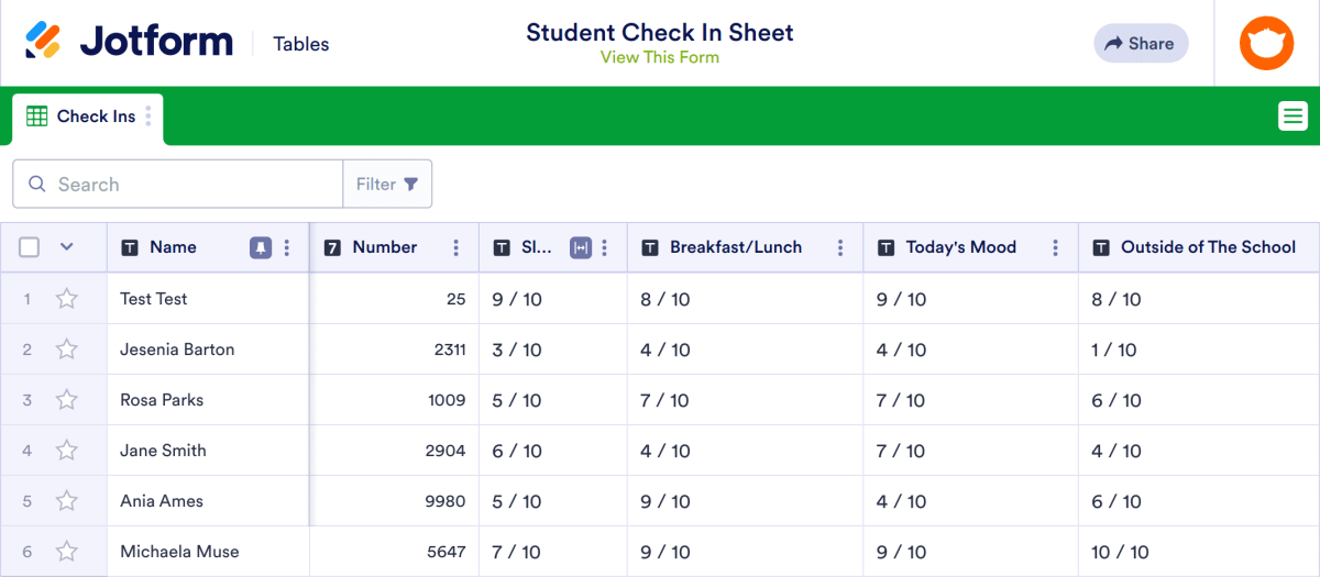 Student Check In Sheet Template | Jotform Tables