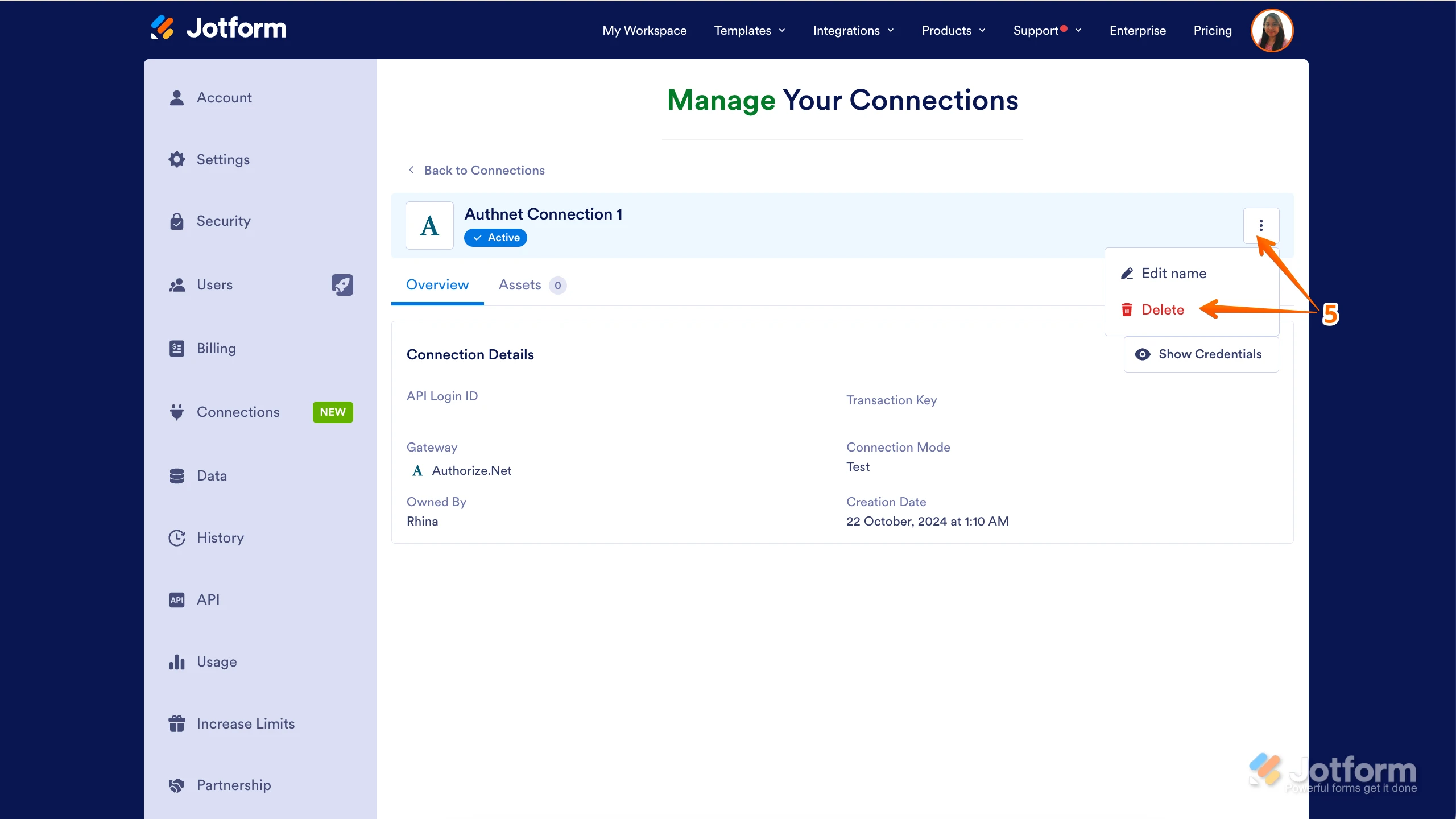 Deleting a Reusable Payment Connection Screenshot 10