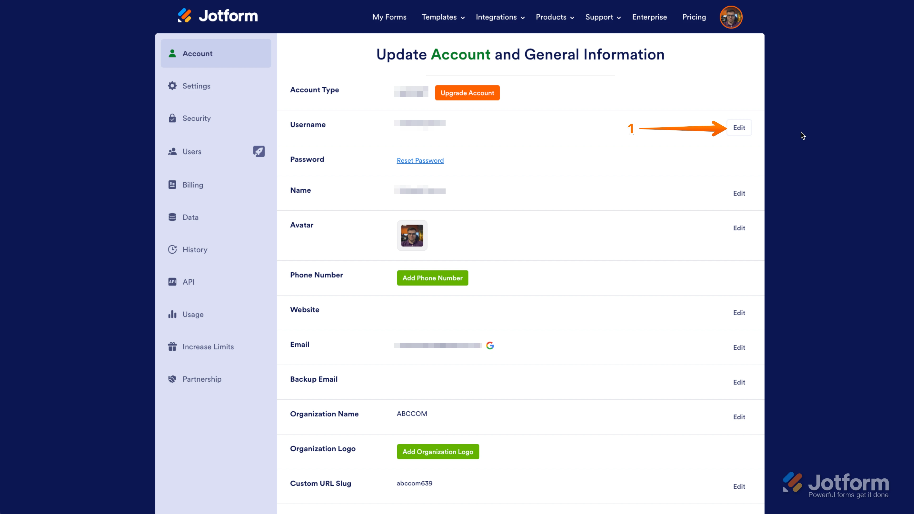 I would like to request a change to my Jotform username from **Bedh** to **3belite** Screenshot 30