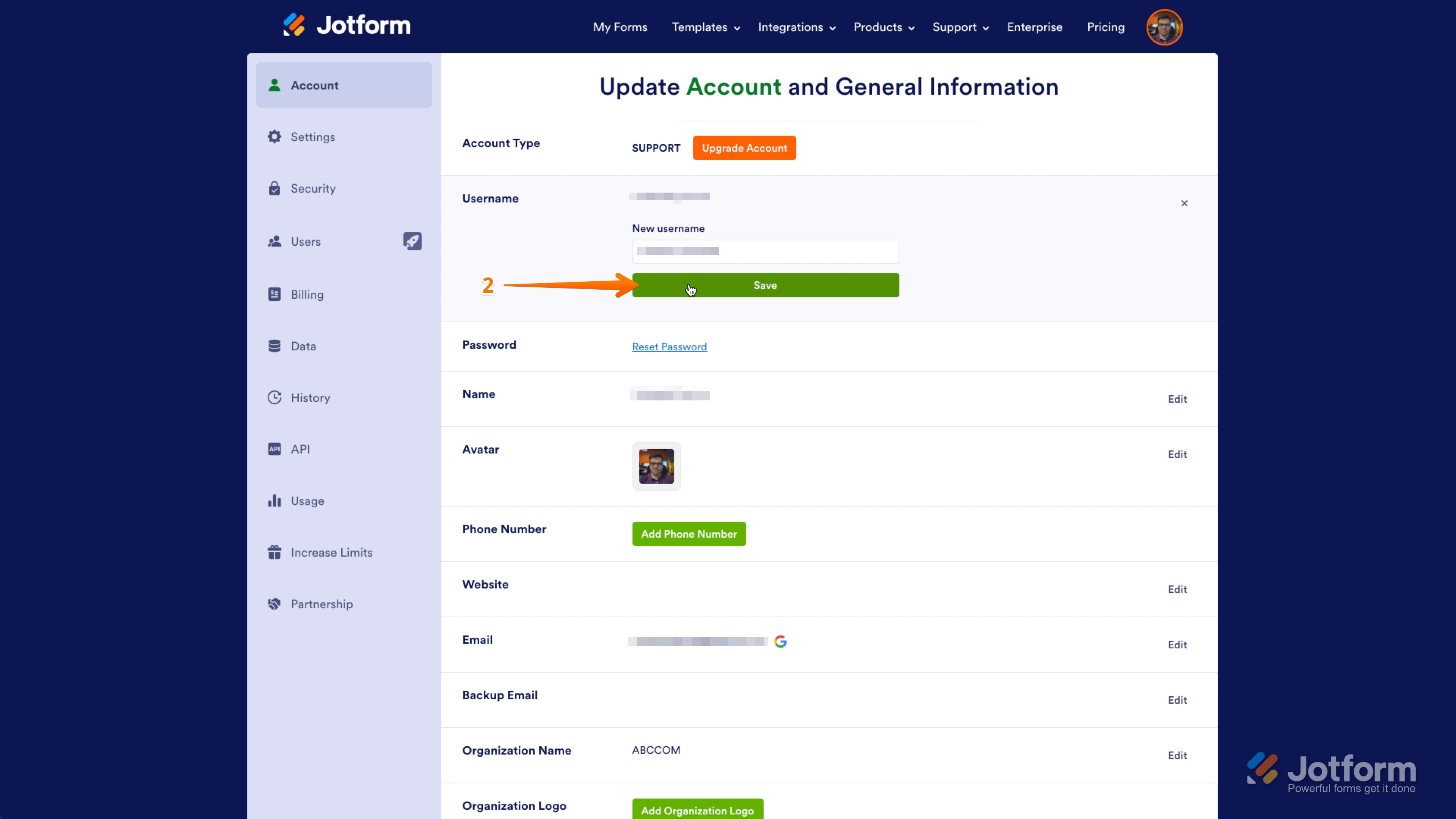 I would like to request a change to my Jotform username from **Bedh** to **3belite** Screenshot 41
