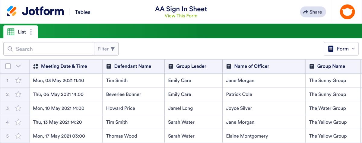 AA Sign In Sheet Template | Jotform Tables