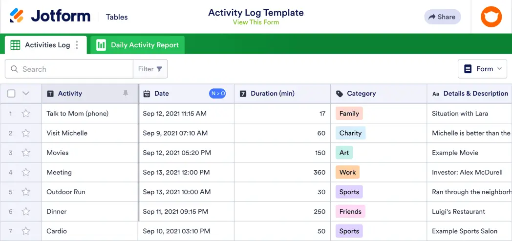 Activity Log Template | Jotform Tables