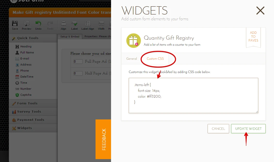 What is the CSS to make the UNLIMITED font transparent in Quantity Gift Registry widget? Image 2 Screenshot 51