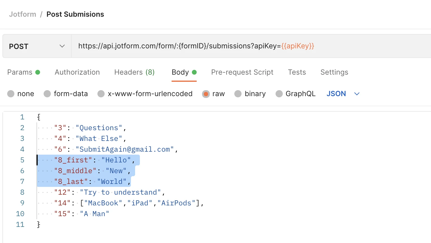 Jotform Full Question Types in JSON format and sample submission request?