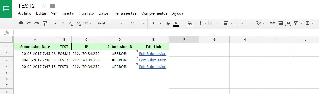 New integrated Google Spreadsheet displays =TEXT() in submission ID column value Screenshot 30