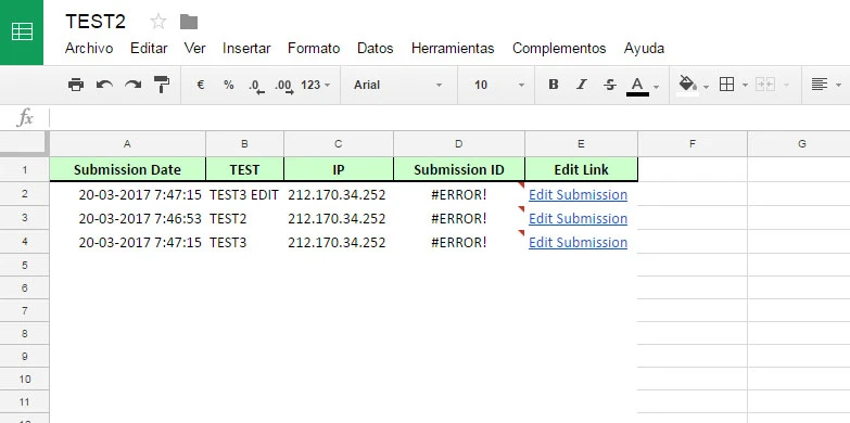 New integrated Google Spreadsheet displays =TEXT() in submission ID column value Screenshot 41