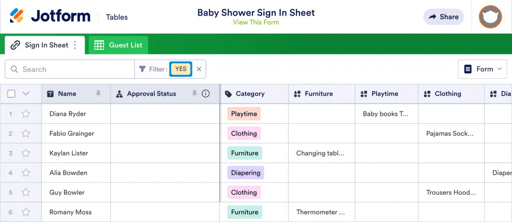 Baby Shower Sign In Sheet Template | Jotform Tables