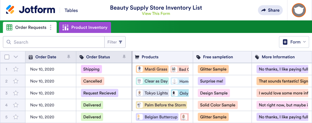 Beauty Supply Store Inventory List Template | Jotform Tables