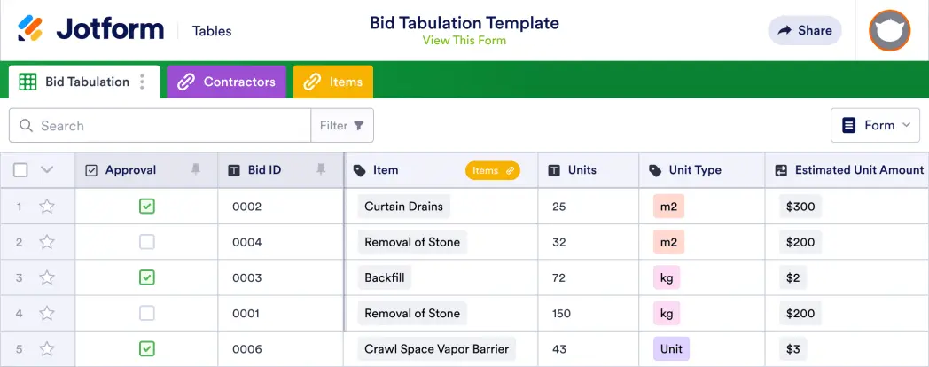 Bid Tabulation Template | Jotform Tables