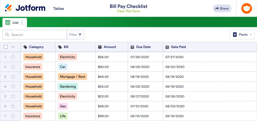 Bill Pay Checklist Template